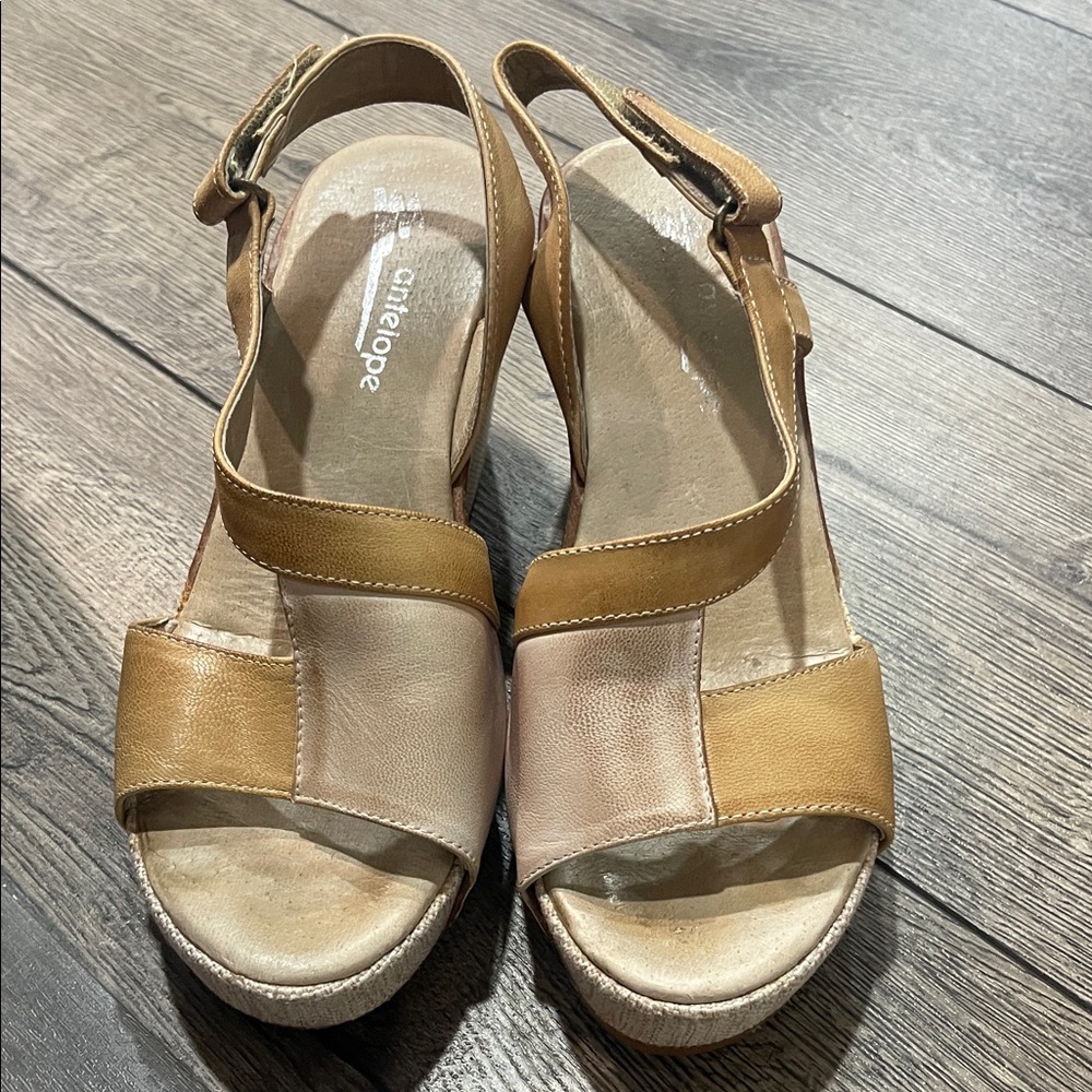 Antelope Tan and Cream Wedge Sandals